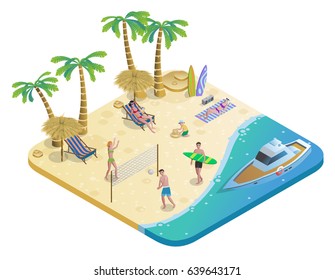Colorful summer vacation concept with people relaxing on tropical beach in isometric style isolated vector illustration