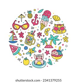 Colorful Summer Vacation Design with Doodle Object Arranged in Circle Vector Template