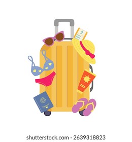 Colorful summer vacation design with travel gear and accessories. great for travel brochures, posters, or marketing materials.
