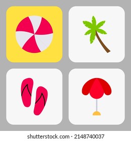 colorful summer vacation icon. beach ball, coconut tree, sandals and beach umbrella