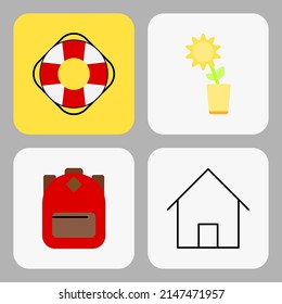 colorful summer vacation icon set. buoy, sunflower, backpack, house.