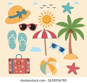Colorful Summer Vacation Icon Set – Tropical Beach Elements Clipart Collection