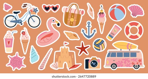 Colorful summer vacation sticker pack with beach elements like ice cream, bicycle, sunglasses, inflatable flamingo and sea shells. Die cut with white outline. Trendy modern flat vector illustration