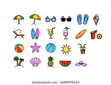 Colorful Summer Vacation Themed Icons Set