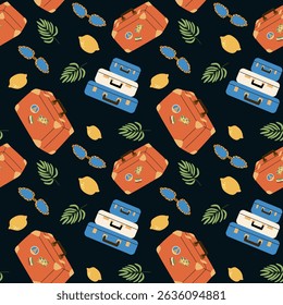 Colorful summer vacation travel stickers pattern with suitcases and sunglasses.