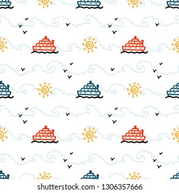 Colorful Summer Vacation Vector Background for Kids. Cruise Ship Seamless Pattern. Hand Drawn Doodle Steamboat Sun and Birds Silhouettes