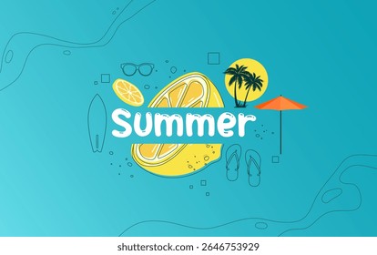 Colorful summer vector background with sliced lemon, tropical palm trees, flip flops, sunglasses, umbrella, and abstract line elements on a blue backdrop. Fun and vibrant beach theme.