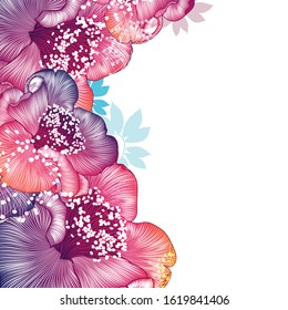 Colorful summer vector background with vibrant camellia flowers. Abstract floral frame for the design of cards, posters, wedding invitations. Vector illustration.