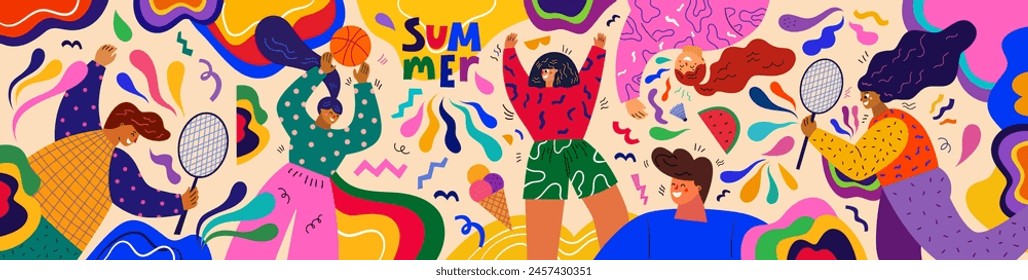 Colorful summer vector banner with people doing sports. An illustration showing summer sports activities: volleyball and badminton. People playing outdoors. Summer time concept design