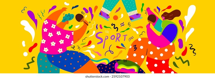 Colorful summer vector banner with people doing sports. People playing outdoors. Summer time concept design