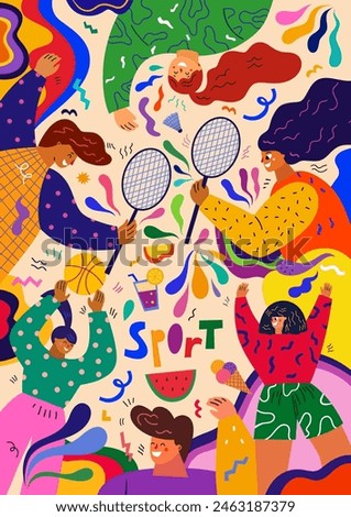  Colorful summer vector banner with people doing sports. An illustration showing summer sports activities: volleyball and badminton. People playing outdoors. Summer time concept design	
