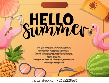 Un colorido Anuncio de Vector de verano con Elementos de vacaciones como flamenco, piña, gafas de sol, sandía, crema y traje de baño. Ideal para anuncios y visuales de temporada.
