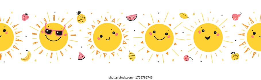 Colorful Summer Vector Happy Cute Sun Characters Seamless Border Pattern. Repeating Horizontal Banner With Cartoon Doodle Funny Kawaii Suns And Fruits