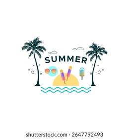 Ilustração colorida do vetor do verão com palmeiras, sorvete, óculos escuros e ondas do oceano. Design divertido e divertido perfeito para cartazes de eventos de praia, anúncios de férias e marca de produtos tropicais