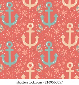 Colorful Summer Vector pattern with anchors and flowers for textiles, fabrics, covers, wallpaper, print, gift wrapping, postcard, scrap booking