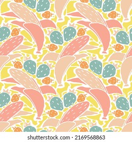 Colorful Summer Vector pattern with bananas and strawberries for textiles, fabrics, covers, wallpaper, print, gift wrapping, postcard, scrap booking