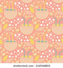 Colorful Summer Vector pattern with coconut drinks for textiles, fabrics, covers, wallpaper, print, gift wrapping, postcard, scrap booking