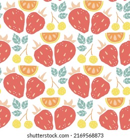 Patrón de vectores de verano colorido con fresas, limones y cerezas para textiles, telas, cubiertas, papel de pared, papel de impresión, envoltura de regalo, postal, reserva de chatarra
