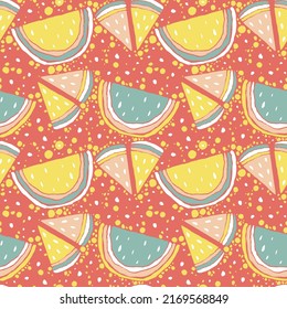 Patrón de vectores de verano colorido con sandías y garabatos para textiles, telas, cubiertas, papel de pared, impresión, envoltura de regalo, postal, reserva de chatarra