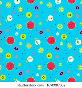 Colorful summer vector seamless pattern with tropical fruit. Kiwi, watermelon, apple, orange, lemon, pear fruits in modern memphis style. Bright holiday design for textile print, cards, wrapping paper