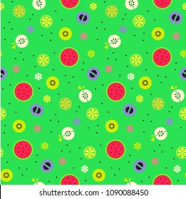 Colorful summer vector seamless pattern with tropical fruit. Kiwi, watermelon, apple, orange, lemon, pear fruits in modern memphis style. Bright holiday design for textile print, cards, wrapping paper