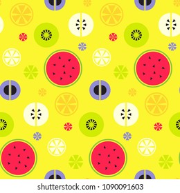 Colorful summer vector seamless pattern with tropical fruit. Kiwi, watermelon, apple, orange, lemon, pear fruits in modern memphis style. Bright holiday design for textile print, cards, wrapping paper