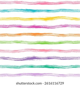 Colorful summer vector stripes seamless watercolor pattern with thick bright wavy lines, Painted grunge brush background