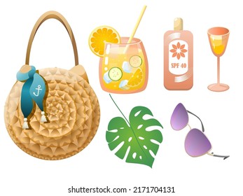Colorful summer vibes beach bag, monstera, lemonade, glasses in trendy style on white background. Travel concept. Art collection. Relax paradise. Modern design. Trendy vector style. Vector set.