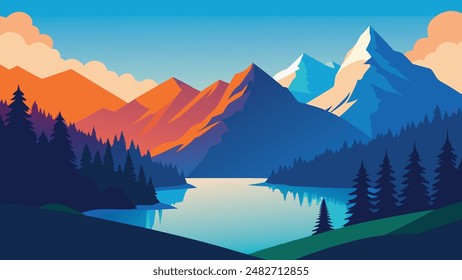 Vista de verano colorida del lago Fusine. Luminosa escena matutina de los Alpes Julianos con la cima del Mangart en el fondo, Provincia de Udine, Italia, Ilustración vectorial plana de Europa