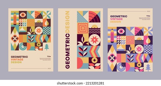 Colorido, verano, vintage, juego de afiches geométricos. Diseños gráficos vectoriales para impresiones.