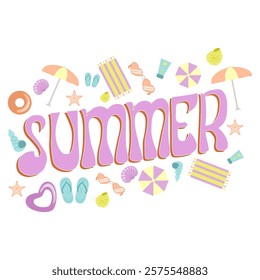 A colorful summer-themed design featuring the word "SUMMER" in large, bold, pink letters surrounded by playful beach elements like umbrellas, flip-flops, seashells, starfish, sunglasses, and towels.