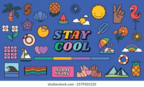 Colorful summer-themed icons on a blue background. Includes sun, palm trees, waves, and a 'Stay Cool' message. Vibrant and playful summer vibes. Summer vacation illustrations, vector set.