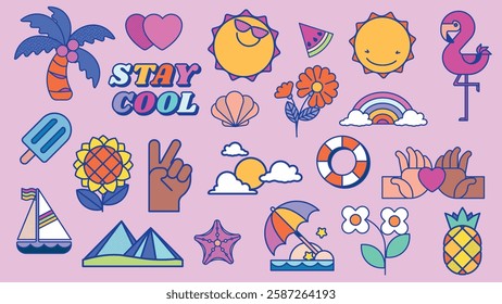 Colorful summer-themed icons with sun, palm tree, flamingo, and beachs. Includes cheerful sun, palm tree, and flamingo. Vibrant summer icons for fun designs. Summer vacation illustrations, vector set.