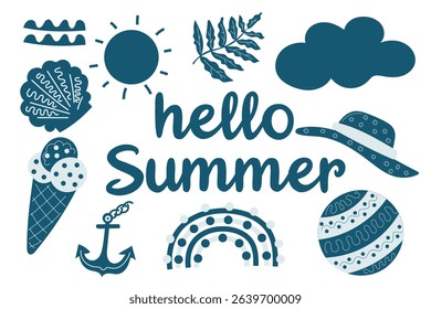 Colorful summer-themed illustration featuring sun, ice cream, and cheerful elements for seasonal celebration. Vector