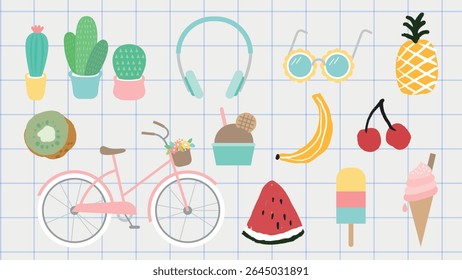 Ilustrações coloridas com tema de verão: bicicleta, frutas, sorvete, cactos e fones de ouvido. Ícones vibrantes de verão com frutas e desenhos divertidos em um fundo de grade. Conjunto de elementos de vetor isolado.