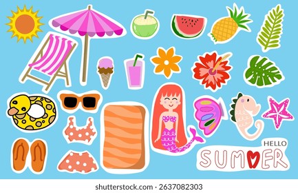 Colorful summer-themed illustrations, white isolate background