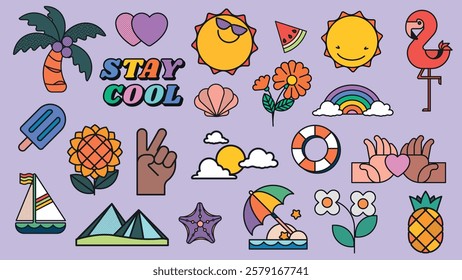 Colorful summer-themed stickers with sun, palm, flowers, and beach icons. Stay cool with sun, palm, and beach vibes. Fun sun and palm designs for summer. Summer vacation illustrations, vector set.