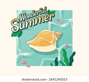 Colorful summer-themed vector with a seashell underwater and “Wonderful Summer” lettering. Perfect for vacation, tropical, or beach-inspired designs.