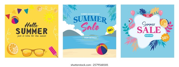 Colorful summertime advertisements. Featuring text highlights, tropical-themed graphics, and vibrant hues promoting seasonal discounts. Summer concept. Set flat vector illustration.