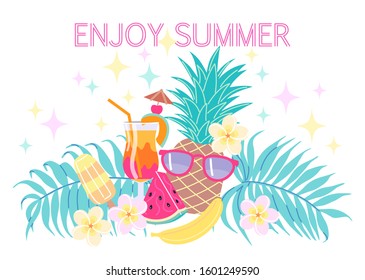 Colorful summertime composition with palm leaves, pineapple, cocktail, ice cream and tropical flowers. Enjoy summer template poster, t-shirt print,  beach party invitation  vector flat illustration