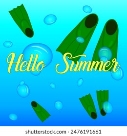 Colorful summertime illustration with flippers, bubbles on a gradient background. Perfect for summer-themed designs and promotions.