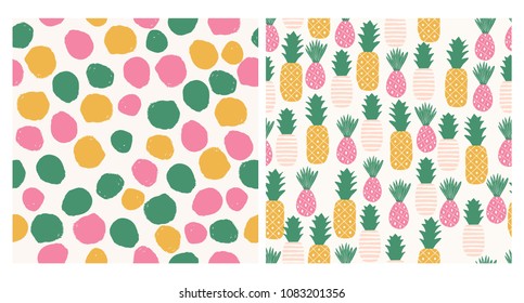 Colorful summertime set. Backgrounds with brush dots and pineapples.