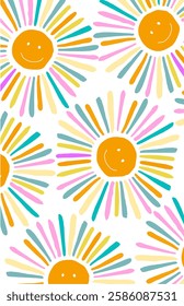 Colorful sun funny smile pattern on white background