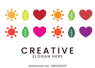 Colorful sun leaf heart icons perfect for branding design projects. Use as logo elements or social