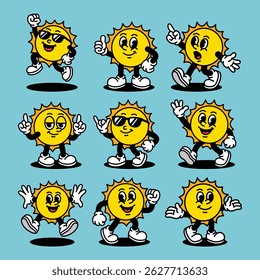 Conjunto de desenhos animados colorido do mascote do sol, Personagens felizes do sol com várias expressões e posas