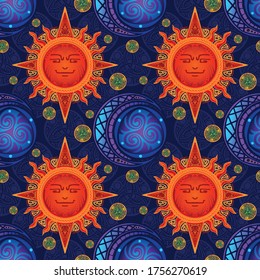 colorful Sun and Moon design with viking style illustration doodle seamless pattern vector with deep blue sky color background 