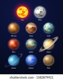 Colorful sun, moon and nine planets of solar system on deep blue space background. Galaxy discovery and exploration. Realistic planetary vector illustrations set. Astronomy and astrophysics science