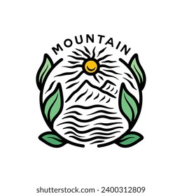 Ilustración del diseño del vector del logotipo de la montaña solar colorida Emblema