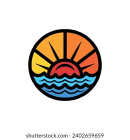 Colorful Sun Ocean Logo Vector Design illustration Emblem