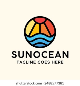 Colorful Sun Ocean Logo Vector, Sea Wave Emblem Icon Symbol, Sunrise Creative Vintage Graphic Design